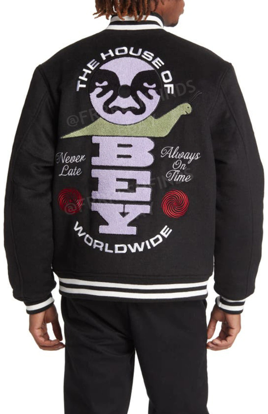 Authentic Wool OBEY Embroidered Felt Chenille Varsity Jacket Worldwide On Time L